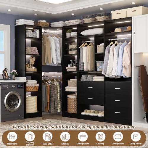 Besiost Corner Closet System with 5 Drawers, Closet Organizer System with 15+Shelvess & 4 Hanging Rods, 63.2"L * 63.2"W / 87.2"L * 39.2"W Reversible L Shaped Walk-in Closets, Load 2500+LBS, Black - color: Black, size: 63.2" * 63.2"