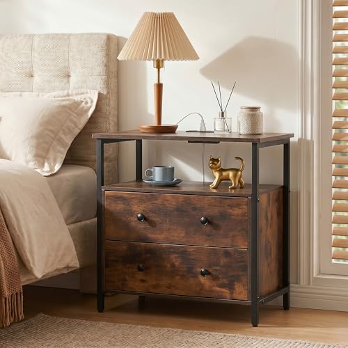 Edbuosy 27 inch Wide Night Stand Set 2 with Charging Station, Bedside Table with Open Shelf, 2 Drawers Small Wood Dresser, Modern Wood Nightstand for Bedroom/Living Room (Retro Brown) - color: 2 Pack, Retro Brown, size: 2 Drawers