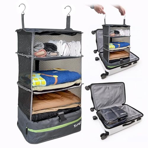 Grand Fusion Stow-N-Go Packing Organizer for Luggage, Portable Hanging Travel Shelves, Carry-On Closet, Hanging Packing Cubes, Collapsible Carry-On Organizer for Cruises & Hotels. Dark Gray - L - color: Dark Gray, size: L = (L) 11.8" x (W) 11.8"