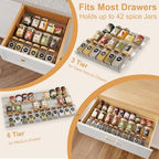 Expandable Spice Drawer Organizer Insert, 6-Pack Kitchen Adjustable Seasoning Rack Tray (13" to 26"), Clear Acrylic with Anti-Slip Mat, for Cabinet Countertop (Jars Not Included) - size: 6-Pack