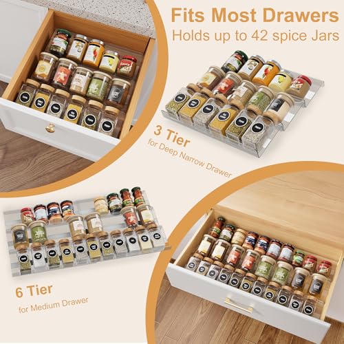 Expandable Spice Drawer Organizer Insert, 6-Pack Kitchen Adjustable Seasoning Rack Tray (13" to 26"), Clear Acrylic with Anti-Slip Mat, for Cabinet Countertop (Jars Not Included) - size: 6-Pack