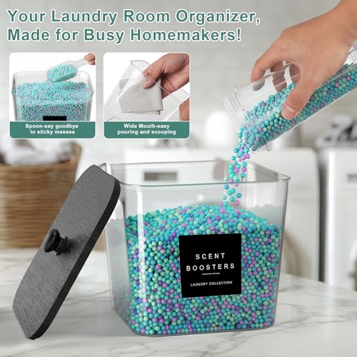 POLRAI 3 Pack Laundry Pod Containers and Dryer Sheet Holder with Bamboo Lids and Labels Laundry Room Organization Containers for Scent Booster Powder Detergent Pods Storage - color: Black, size: 2+1 Pack