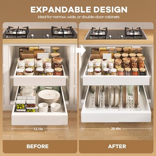 Seinloes 2 Pack Pull out Cabinet Organizer 21"Deep With Raising Pad for Framed Cabinets, Expandable Slide out Drawers for Kitchen Cabinets with 4pcs Divider Racks, Roll out Shelves 12.1"-20.4" W White - color: White, size: 12.1"-20.4"W x 21"D(2Pack)