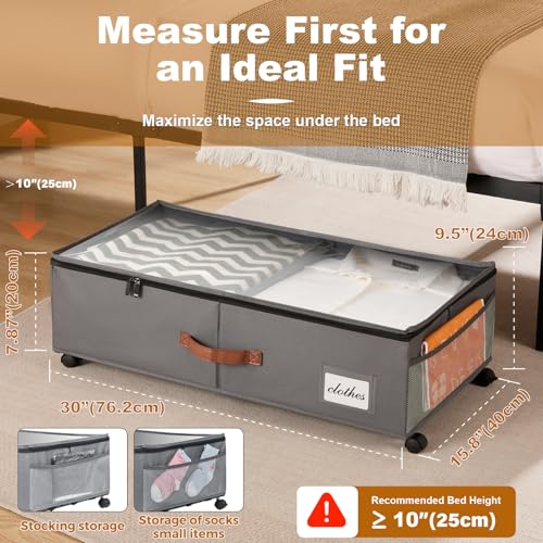 Under Bed Storage Containers with Wheels 9.5 inches Higher Under Bed Storage XXXL Underbed Shoes Blankets Clothes Storage Organizer 2 Pack Under the Bed Storage for College Dorms Bedroom Nursery Rooms - color: Gray