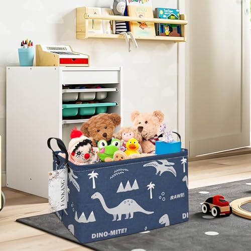 FANKANG Storage Bins, Nursery Hamper Canvas Laundry Basket Foldable with Waterproof PE Coating Large Storage Baskets for Kids Boys and Girls, Office, Bedroom, Clothes,Toys(Rec-Blue dinosaur） - color: Rec-Blue dinosaur