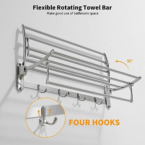 BESy 24 Inch Brushed Nickel Towel Racks, Bathroom Towel Shelf with Foldable Towel Bar Holder and Towel Hooks, Wall Mounted Multifunctional Bathroom Accessories, Double Towel Bars - color: Brushed Nickel