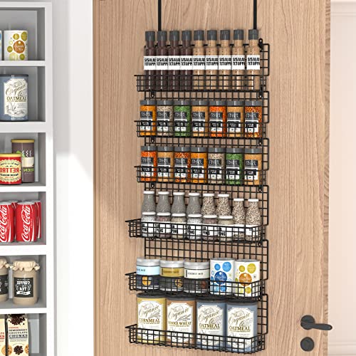 JKsmart 6-Tier Spice Rack Organizer with Door Hook, Wall Mounted & Over the Door Spice Racks for Kitchen Pantry Door Cabinet, Two Size, Large Capacity, Black - color: Black-6 tier