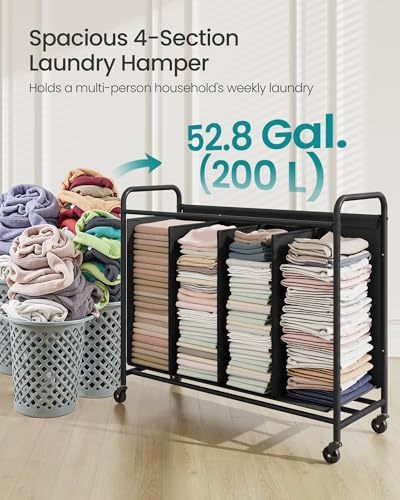 SONGMICS 4-Section Laundry Sorter, Laundry Hamper with Wheels, Rolling Clothes Hamper Cart with Large Capacity and Removable Bags, for Laundry Room, Bedroom, Bathroom, Ink Black URLS460B01 - color: Ink Black, size: 200 L