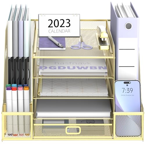 SUPEASY Mesh Desk Organizer with File Holder, 5-Tier Paper Letter Tray Organizer with Magazine Holder, Desktop Organizer and Storage with Drawer for Office Supplies Home or School (Golden) - color: Golden