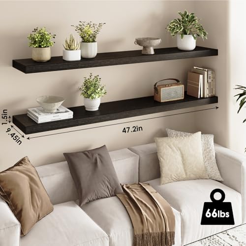 Fixwal Floating Shelves for Wall, 47" Long Heavy Duty Wall Mounted Rustic Wood Shelves for Living Room, Bedroom, Bathroom and Kitchen, Wall Shelves for Storage, Books, Room Decor (Black, Set of 2) - color: Black, size: 47in