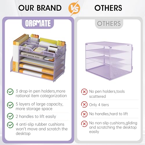 5 Tier Paper Letter Tray with File Holder and 3 Drop-in Pen Holders, Mesh Desk File Organizer with Handle, Desk Organizers and Accessories for School,Home, Office Supplies Storage-Purple - color: 5 Tier with File Holder-Purple, size: 15.4" x 9.1" x 10.3"