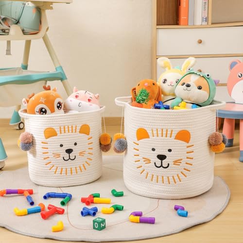 Large Blanket Baskets for Living Room Decor, Toy Storage Baskets Woven Cotton Rope Animal Storage Basket for Kids, Dog Toys Organizer Clothes Hamper with Embroidery Decor for Nursery (Large, Lion) - color: Lion, size: Large