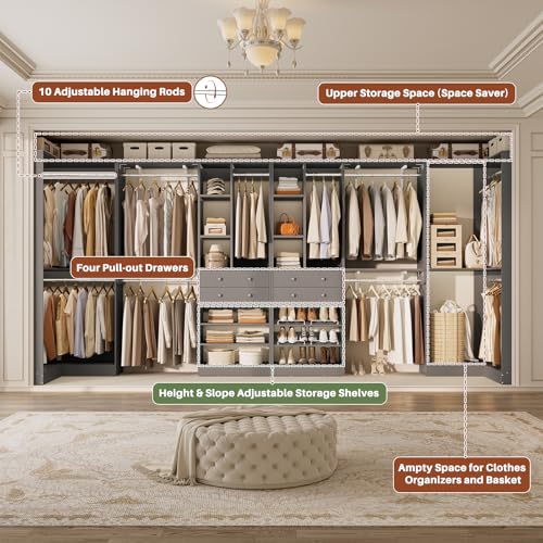 Besiost Closet System with 4 Drawers & Corner Tower, Closet Organizer System with 10 Hanging Robs, Reversible U Shaped Walk-in Closet System, Load 3600+LBS Capacity, Set of 4, Morandi Grey - color: Morandi Grey, size: 181" * 31.5"