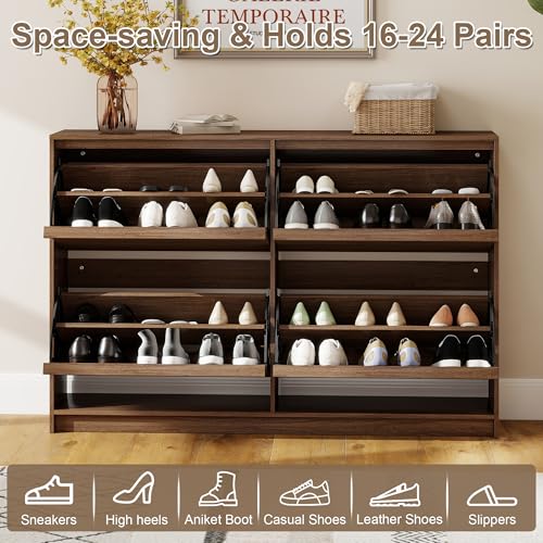 Shoe Cabinet with 4 Flip Drawers, Modern Narrow Shoe Storage Cabinet Organizer with Adjustable Shelf, Hidden Freestanding Shoe Rack for Entryway, Hallway, Living Room, Walnut - color: Walnut, size: 9.45"D x 47.24"W x 31.5"H(4 drawers)