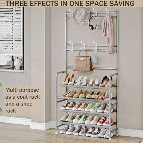 Coat Rack Shoe Rack With Storage Shelf Freestanding with 8 Hooks for Entryway Bedroom Closet 4 Tier, Grey - color: Grey