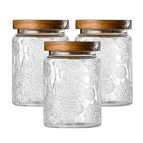 Adodeen 3-Pack 24oz Vintage Glass Jar With Lid, Glass Storage Containers, Airtight Kitchen Storage Containers For Sugar, Coffee, Tea, Spice, Flour, Candy Cookie, Pasta, Cereal - color: Sunflower*3-24oz