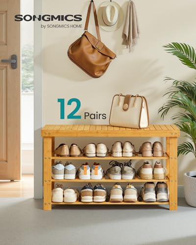 SONGMICS Shoe Rack Bench, 4 Tier Bamboo Shoe Storage Organizer, Entryway Bench, for Living Room, Bathroom, Bedroom, 11.3 x 35.2 x 20.5 Inches, Light Bamboo ULBS390YL01 - color: Light Bamboo, size: 11.3"D x 35.2"W x 20.5"H