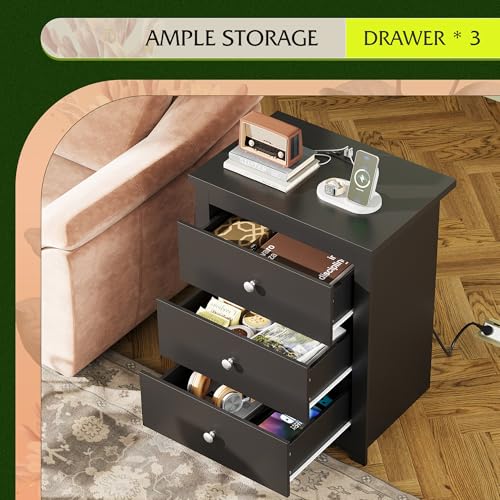 WLIVE Tall Nightstand with Charging Station, Wood Night Stand with 3 Drawers Storage, Bedside Table End Side Tables with 2 USB Ports and Outlets for Bedroom, Closet, Black - color: Black