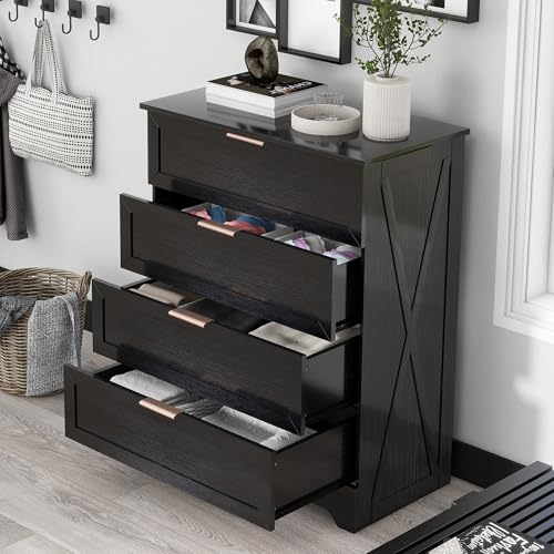 FTZxHKLX Modern 4 Drawer Dresser for Bedroom, Tall Bedroom Dresser with Large Drawer & Rose Gold Handles, Wooden Storage Organizer Cabinet Chest of Drawer for Closet, Living Room, Hallway, Black - color: Black