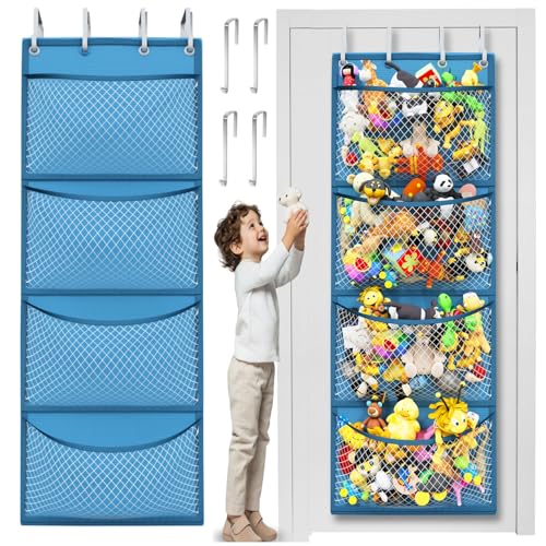 Honeyera Storage for Stuffed Animal - Over Door Organizer for Stuffies, Baby Accessories, and Toy Plush/Easy Installation with Breathable Hanging Pockets - color: Blue