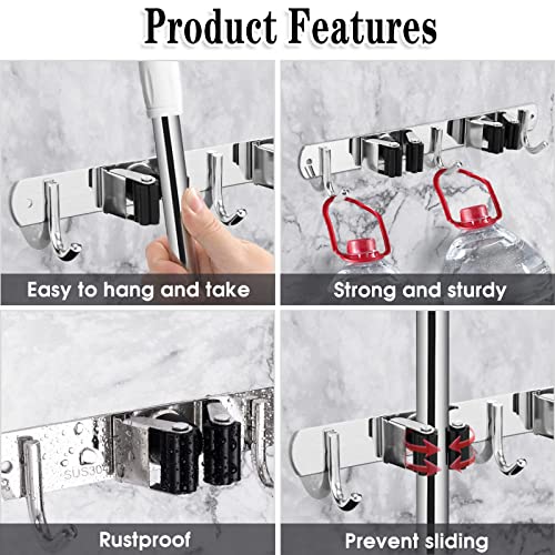 2 Racks and 3 Hooks Broom and Mop Holder Wall Mounted Garage Organizer Storage Tool Racks Stainless Steel Heavy Duty Hooks Self Adhesive Solid Non-slip Wall Hangers for Home Kitchen Garden Laundry - color: 2 Racks & 3 Hooks (Silver) - 1 Pack