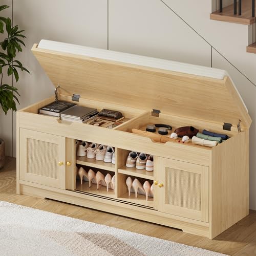 LIKIMIO 47.2" Shoe Bench with Lift Top Storage, Entryway Bench with Cushioned Seat, 2-Tier Rattan Shoe Cabinet with Adjustable Shelf, Storage Bench for Bedroom, Living Room, Hallway, Natural - color: Natural
