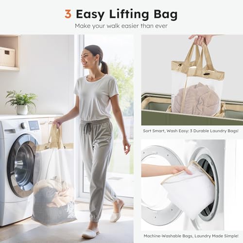 SOLEDI 180L 3-Section Laundry Hamper with Lid, Extra Large Dirty Clothes Basket with Sturdy Handles for Laundry Room & Bedroom - Durable Organizer for Sorting Laundry - color: Avocado Green, size: 180L