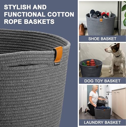 DENJA & CO Large Storage Shoe Basket - Woven Decorative Floor Basket for Home Entryway | Charcoal Gray (17.7 x 11.4 inches) - color: Dark Grey, size: Large (17.7"W x 11.4"H)