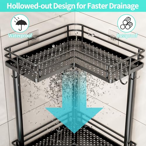 HapiRm Corner Shower Caddy Standing - 3 Tier Shower Organizer Corner with Soap Holder, Rustproof Bathroom Standing Organizer with 4 Hooks, Black - color: Black, size: 3-tier