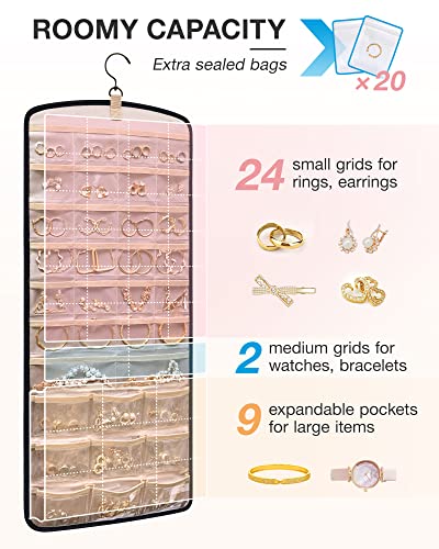 BAGSMART Hanging Jewelry Organizer, Necklace Holder Anti-tangle Earrings Rings Hanger with 20 Jewelry Bags Travel Storage Roll with Pockets Hang on Closet, Wall, Door,1 Piece, Large, Black - color: Black, size: Large - Standard