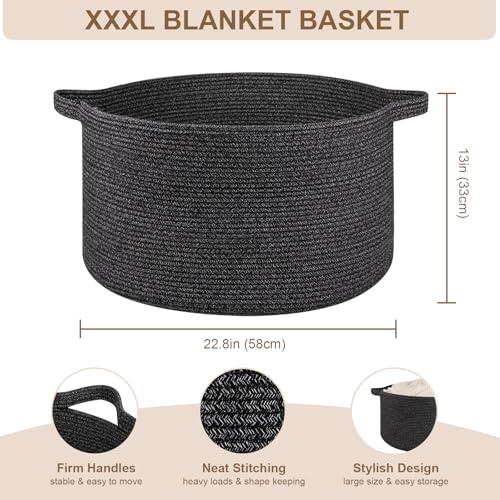 OIASKET Large Woven Baskets for Storage, 22.8" x 22.8" x 13" Blanket Storage Living Room, Baby Toy Basket for Clothes, Pillows, Towels, Shoe Basket for Entryway (Black) - color: Black, size: 90L