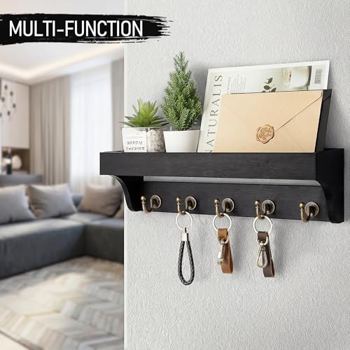 Rebee Vision Key Holder for Wall with Shelf : Decorative Key Organizer with 5 Rustic Keys Hooks and Primitive Wood Mail Organizer Wall Mount - Entryway Décor (Black) - color: Black