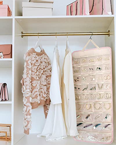 BAGSMART Hanging Jewelry Organizer Storage Roll with Hanger Metal Hooks Double-Sided Jewelry Holder for Earrings, Necklaces, Rings on Closet, Wall, Door, 1 piece, Extra Large, Pink - color: Pink, size: X-Large