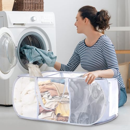 Durable Collapsible Foldable Mesh Pop Up Laundry Basket, 3 Compartments Easy to Carry & Sort Clothes Hampers for Home, Dorm, Travel White - color: White, size: 3 Compartments