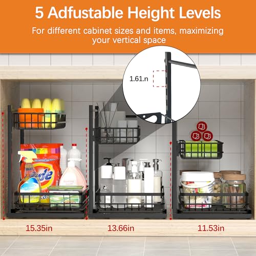 Under Sink Organizer, Adjustable Height Pull-Out Kitchen Storage Organization,15.8" x 11.8" x 16.5", 2-Tier Kitchen Shelf, Bathroom Drawer Organizer, 2 Pack|Black - color: Black, size: B 2 Pack