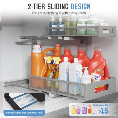 2 Pack 17IN Depth Under Sink Storage Organizer, Large 2-Tier Elegant Mesh Pull Out Shelf for Kitchen and Bathroom Cabinet Organization, L-Shaped and Adjustable Height Design-Gun Gray - color: Gun Gray, size: 2 Pack-17"Dx11.4"-16.14"H