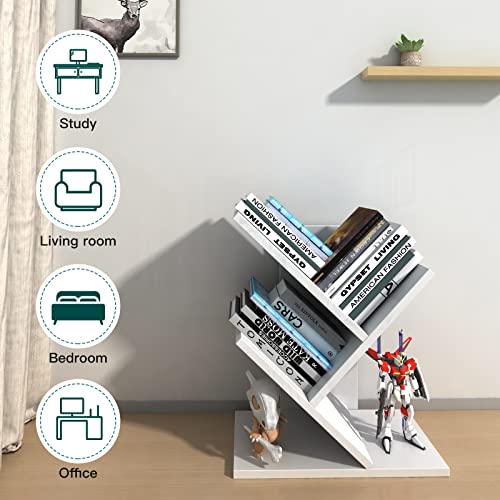 Godferyxin Tree Bookshelf, 3-Tier Small Bookcase for Desk – Wood Small Bookshelf with Storage Shelves, Mini Bookcase for Bedroom, Office, White Bookshelf, CDs, Magazines Desktop Book Tree - color: 3-tier-white