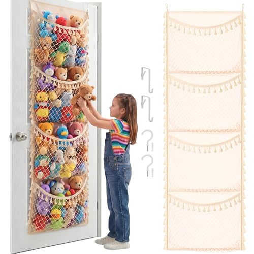 Over The Door Stuffed Animal Storage, Cotton Toy Organizer for Storage Plush Toys,Baby Supplies, Stuffed Animal Holder with 4 Large Pockets, Hanging Door Organizer for Nursery, Bedroom (Tassel) - color: Tassel, size: Normal