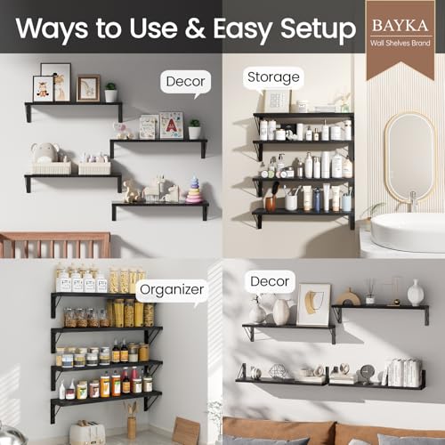 BAYKA Wall Mounted Floating Shelves, Wood Floating Wall Shelf for Books & Decor, Small Space-Saving Display & Organizer（Black，23in，Set of 4） - color: A. Black Board & Black Brackets, size: 23-inch Standard