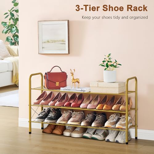 Hoctieon 3 Tier Mesh Style Shoe Rack, Entryway Shoe Shelf, Shoe Storage Organizer, Shoe Rack for Closet, Space Save for Bathroom, Garage, Hallway, Bedroom, Living Room, Gold - color: Gold, size: 3 Tier