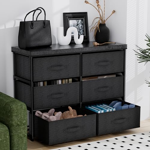 PPN Dresser with 6 Fabric Drawer Stand Desktop Sturdy Metal Plastic Support Tube Cube Storage Cabinet for Living Room, Bedroom Organization Dorm Front Hall Entryway Black