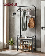 VASAGLE Coat Rack, Hall Tree with Shoe Bench for Entryway, Entryway Bench with Coat Rack, 4-in-1, with 9 Removable Hooks, a Hanging Rod, 13.3 x 28.3 x 72.1 Inches, Greige and Black UHSR40MB - color: Greige + Black, size: 28.3"W