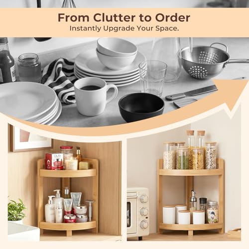 2026 New Bamboo Standing Shelf, 2 Tier Corner Shelf Stand, bathroom counter/sink organizer, Triangular Curved Corner Shelf Stand for Space-Saaving Display Ideal for Bathroom/Kitchen/Living Room - size: 2-Tier