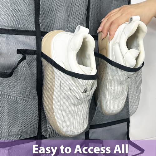 homyfort 35 Large Pockets Over the Door Shoe Organizer, Extra Sturdy Oxford Fabric Hanging Shoe Rack for Door Closet, Wall Mesh Shoe Storage Holder for Mens Women Shoes (Grey) - color: Oxford-like Grey, size: 1 Pack 35 Pockets
