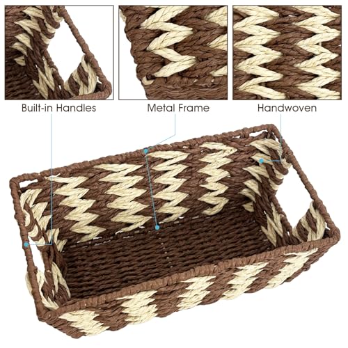 Paper Rope Storage Baskets for Shelves Organizing, Small Hand Woven Wicker Organizer Basket with Handle for Bathroom Toilet Paper Storage, Beige and Brown, 3-Pack - color: Paper Rope Beige&brown, size: 3 Pack