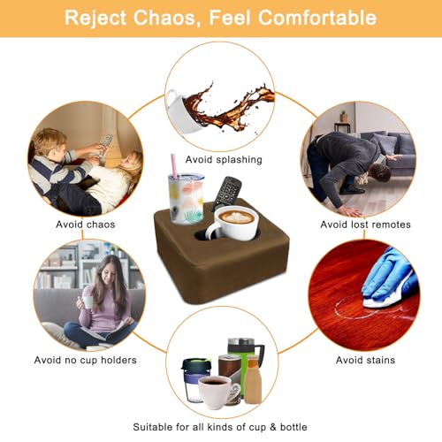 Couch Cup Holder Pillow Tray & Caddy - for Sofa, Bed, Car, Man Cave | Keep Drinks at Hand & Spill-Proof Accessories for New Parents, Camping, Park, Boat, Beach - Brown - color: Dark Brown, size: 9.4" x 9.4" x 3.9"