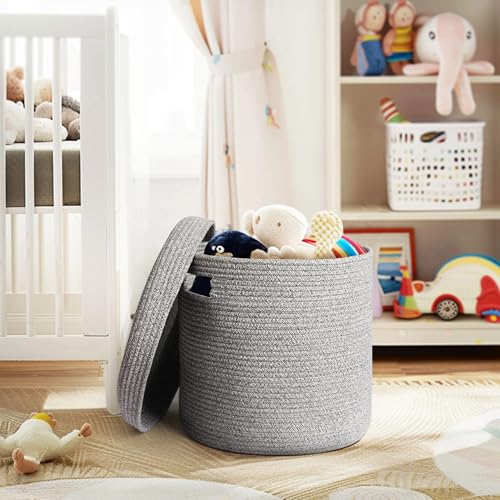 Storage Basket with Lid, Woven Blanket Storage for Living Room, Soft Cotton Rope Bin with Lid, Round Wicker Laundry Basket with Cover, Lidded Kid Dog Toy Box, Nursery Organizer, 15"x13", Gray - color: Gray