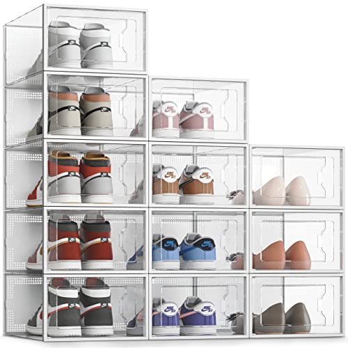 SEE SRPING XX-Large Shoe Storage Box Fit Size 14, Clear Plastic Stackable Shoe Organizer for Closet, Shoe Rack Sneaker Containers Bins Holders, Drawer Organize Unit, 12 Pack Clear - color: Clear, size: XX-Large Fit Size 14