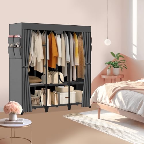 Wardrobe Closet, Quick and Easy Assembly, Gray Large Capacity Portable Closet with 3 Hanging Rods 6 Storage Shelves and 8 Side Pockets, Clothes Rack with Cover, for Bedroom and Living Room - color: Grey, size: 50 Inch