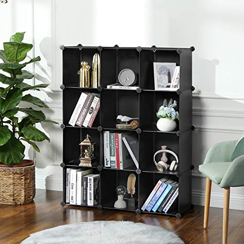 SONGMICS Cube Storage Organizer, Set of 12 Plastic Cubes, Book Shelf, Closet Organizers and Storage, Room Organization, Bedroom Living Room, 12.2 x 36.6 x 48.4 Inches, Black ULPC34BK - color: Black, size: 12 Cubes, style: without doors